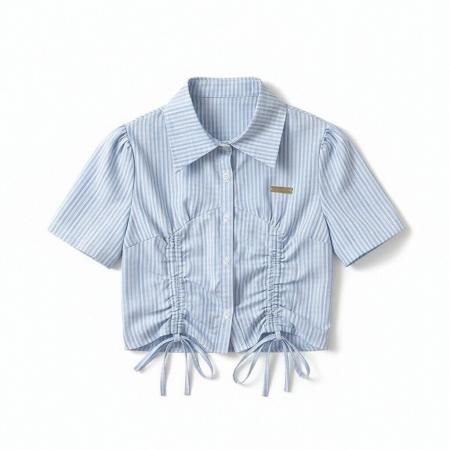 BY12538# 独特polo衫蓝色条纹短袖衬衫女抽绳设计感小众别致正肩短款上衣夏 服裝批發女裝批發服飾貨源