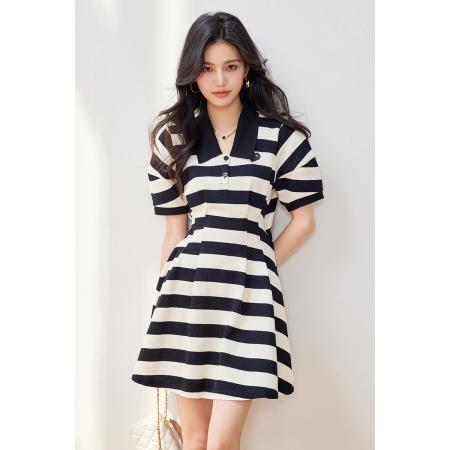 BY12542# 夏季新款条纹撞色收腰镂空POLO领设计感连衣裙 服裝批發女裝批發服飾貨源