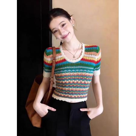 BY12544# 多巴胺彩色条纹短款针织短袖T恤女夏收腰小个子独特漂亮上衣