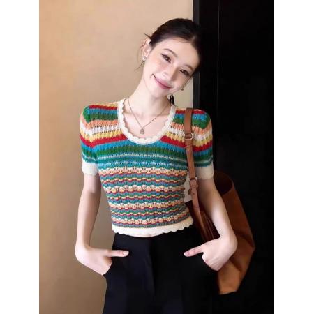 BY12544# 多巴胺彩色条纹短款针织短袖T恤女夏收腰小个子独特漂亮上衣