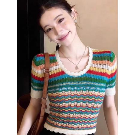 BY12544# 多巴胺彩色条纹短款针织短袖T恤女夏收腰小个子独特漂亮上衣