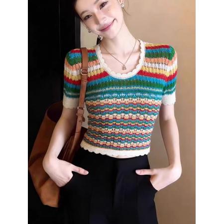 BY12544# 多巴胺彩色条纹短款针织短袖T恤女夏收腰小个子独特漂亮上衣