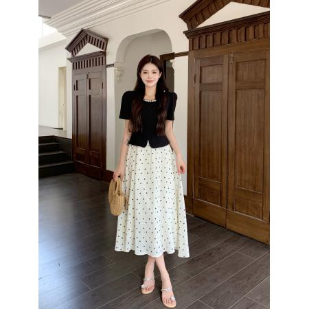 BY12548# 法式赫本风短袖连衣裙女夏季大码女装收腰显瘦假两件波点长裙