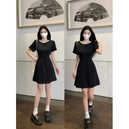 BY12549# 大码胖mm法式珍珠领泡泡袖收腰连衣裙夏高级感生日礼裙小黑裙