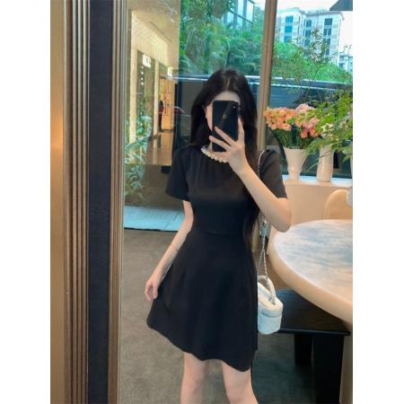 BY12549# 大码胖mm法式珍珠领泡泡袖收腰连衣裙夏高级感生日礼裙小黑裙