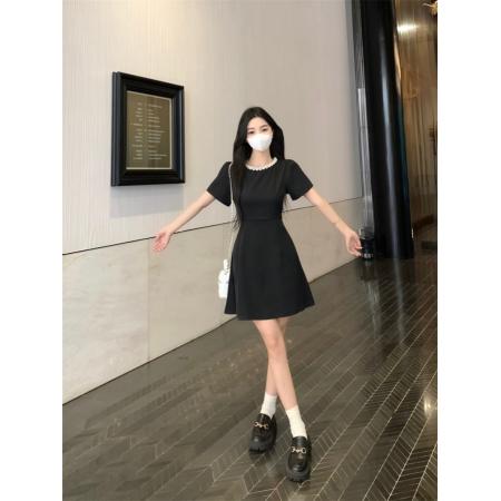 BY12549# 大码胖mm法式珍珠领泡泡袖收腰连衣裙夏高级感生日礼裙小黑裙