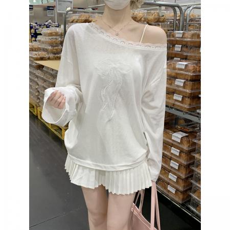 BY12550# 早春韩版纯欲蕾丝拼接斜肩蝴蝶结宽松露肩长袖T恤上衣女 服裝批發女裝批發服飾貨源