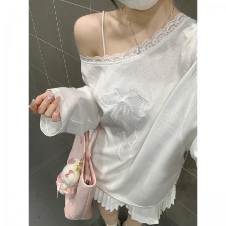 BY12550# 早春韩版纯欲蕾丝拼接斜肩蝴蝶结宽松露肩长袖T恤上衣女 服裝批發女裝批發服飾貨源