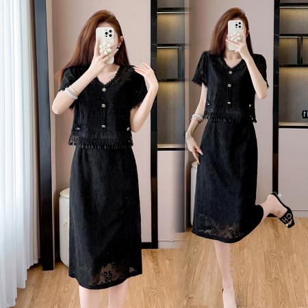 BY12551# 夏季新款流苏蕾丝拼接大码女装裙时髦显瘦中长款连衣裙 服裝批發女裝批發服飾貨源