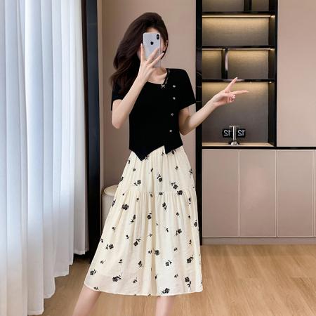 BY12554# 大码套装短袖棉上衣+印花半身裙两件套韩版显瘦气质 服裝批發女裝批發服飾貨源