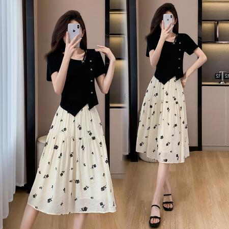 BY12554# 大码套装短袖棉上衣+印花半身裙两件套韩版显瘦气质 服裝批發女裝批發服飾貨源