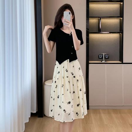 BY12554# 大码套装短袖棉上衣+印花半身裙两件套韩版显瘦气质 服裝批發女裝批發服飾貨源