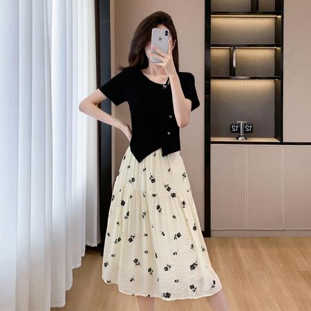 BY12554# 大码套装短袖棉上衣+印花半身裙两件套韩版显瘦气质 服裝批發女裝批發服飾貨源