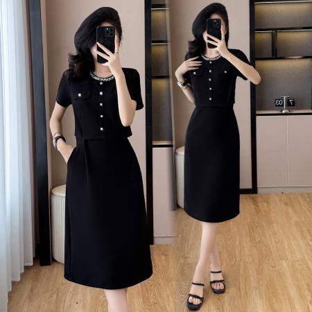 BY12557# 夏季新款大码女装小香风气质优雅时尚赫本风黑色连衣裙 服裝批發女裝批發服飾貨源