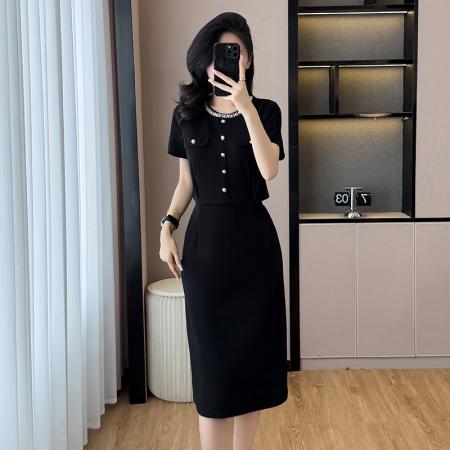 BY12557# 夏季新款大码女装小香风气质优雅时尚赫本风黑色连衣裙 服裝批發女裝批發服飾貨源