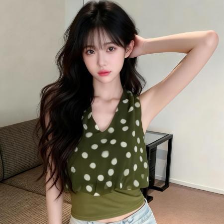 BY12558# 复古后背扭结撞色波点下拼接针织挂脖上衣 服裝批發女裝批發服飾貨源