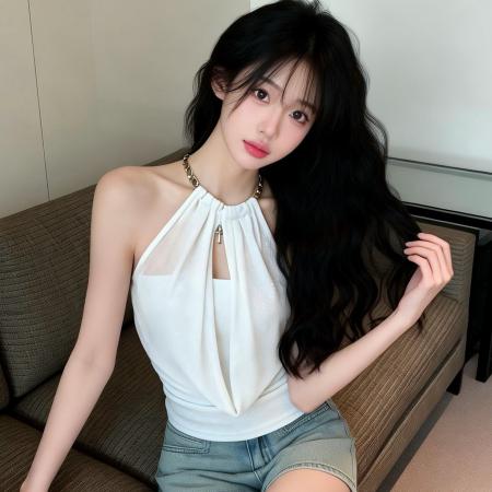 BY12560# 法式气质挂脖式度假风修身显瘦无袖上衣 服裝批發女裝批發服飾貨源