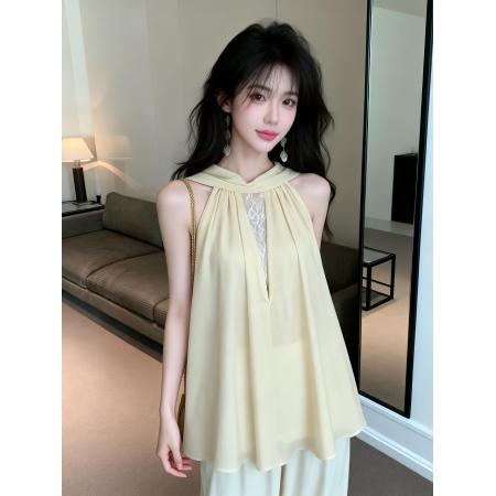 法式设计感气质拼接蕾丝飘带无袖上衣 服裝批發女裝批發服飾貨源