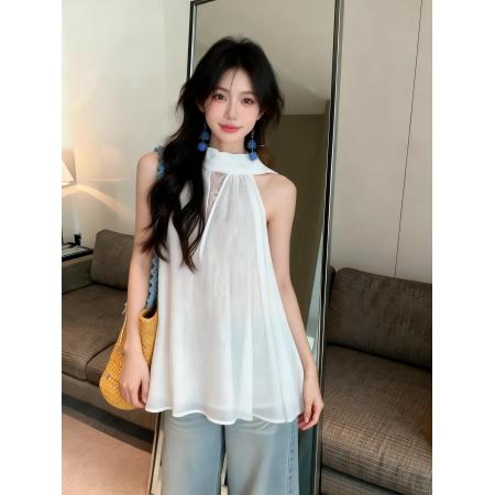 BY12561# 法式设计感气质拼接蕾丝飘带无袖上衣 服裝批發女裝批發服飾貨源