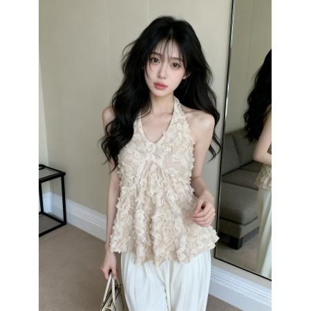 BY12562# 纯欲浪漫氛围感立体花边挂脖上衣 服裝批發女裝批發服飾貨源