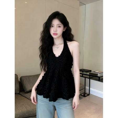 BY12562# 纯欲浪漫氛围感立体花边挂脖上衣 服裝批發女裝批發服飾貨源