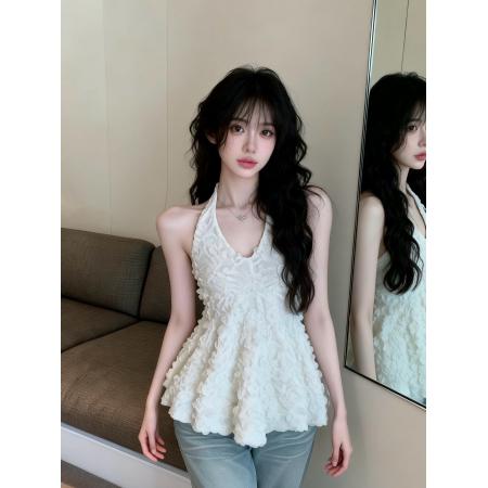 BY12562# 纯欲浪漫氛围感立体花边挂脖上衣 服裝批發女裝批發服飾貨源