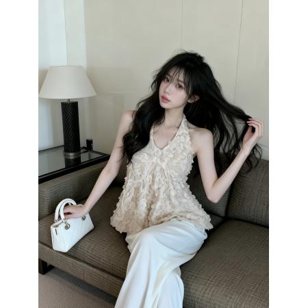 BY12562# 纯欲浪漫氛围感立体花边挂脖上衣 服裝批發女裝批發服飾貨源