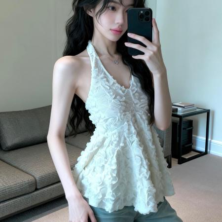 BY12562# 纯欲浪漫氛围感立体花边挂脖上衣 服裝批發女裝批發服飾貨源