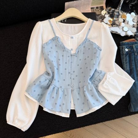 BY12567# 新款假两件碎花吊带拼接喇叭袖显瘦女上衣 服裝批發女裝批發服飾貨源