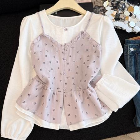 BY12567# 新款假两件碎花吊带拼接喇叭袖显瘦女上衣 服裝批發女裝批發服飾貨源