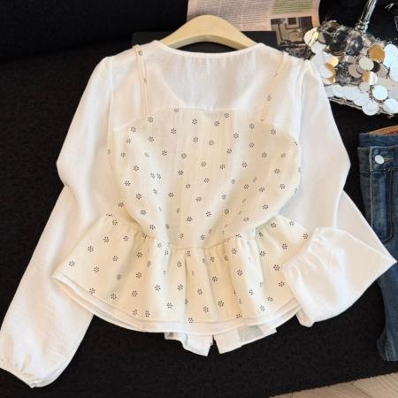 BY12567# 新款假两件碎花吊带拼接喇叭袖显瘦女上衣 服裝批發女裝批發服飾貨源