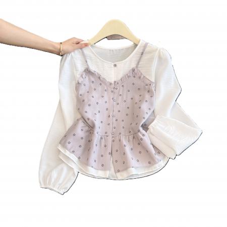 BY12567# 新款假两件碎花吊带拼接喇叭袖显瘦女上衣 服裝批發女裝批發服飾貨源