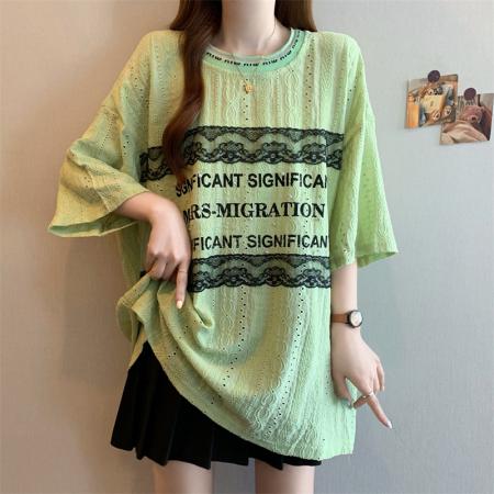 BY12569# 夏季胖妹妹宽松大件休闲女装短袖套头圆领百搭款T恤 服裝批發女裝批發服飾貨源