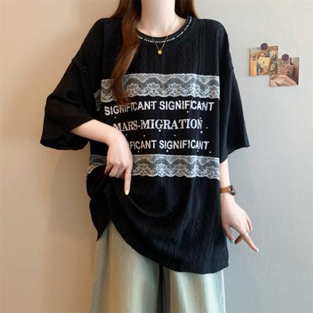 BY12569# 夏季胖妹妹宽松大件休闲女装短袖套头圆领百搭款T恤 服裝批發女裝批發服飾貨源