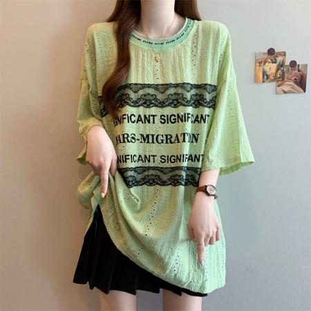 BY12569# 夏季胖妹妹宽松大件休闲女装短袖套头圆领百搭款T恤 服裝批發女裝批發服飾貨源