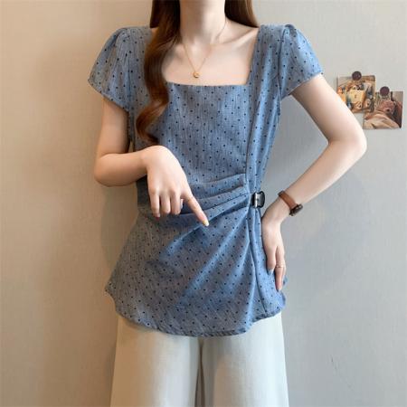 BY12570# 夏季甜妹胖妹妹显瘦短袖女装上衣不规则设计感小衫套头款 服裝批發女裝批發服飾貨源