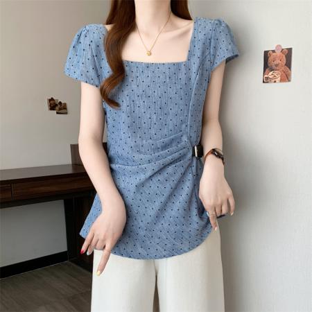 BY12570# 夏季甜妹胖妹妹显瘦短袖女装上衣不规则设计感小衫套头款 服裝批發女裝批發服飾貨源