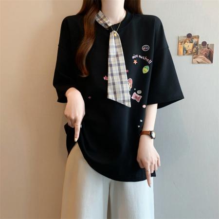 夏季设计感宽松型百搭款小众上衣短袖棉T套头女装韩版胖妹妹 服裝批發女裝批發服飾貨源