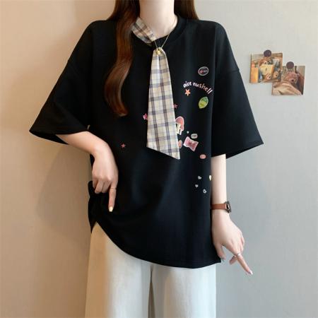 BY12571# 夏季设计感宽松型百搭款小众上衣短袖棉T套头女装韩版胖妹妹 服裝批發女裝批發服飾貨源