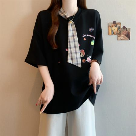 BY12571# 夏季设计感宽松型百搭款小众上衣短袖棉T套头女装韩版胖妹妹 服裝批發女裝批發服飾貨源