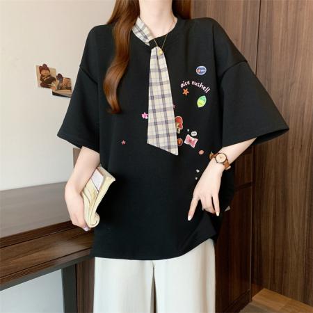 BY12571# 夏季设计感宽松型百搭款小众上衣短袖棉T套头女装韩版胖妹妹 服裝批發女裝批發服飾貨源