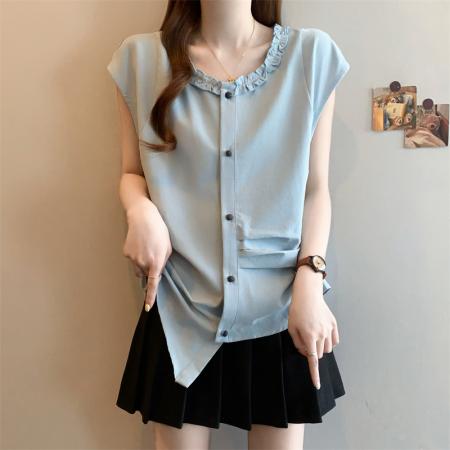 微胖复古法式圆领收腰显瘦通勤百搭短袖衬衣女装 服裝批發女裝批發服飾貨源