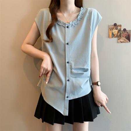 BY12572# 微胖复古法式圆领收腰显瘦通勤百搭短袖衬衣女装 服裝批發女裝批發服飾貨源