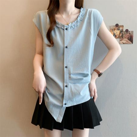 BY12572# 微胖复古法式圆领收腰显瘦通勤百搭短袖衬衣女装 服裝批發女裝批發服飾貨源