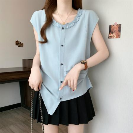 BY12572# 微胖复古法式圆领收腰显瘦通勤百搭短袖衬衣女装 服裝批發女裝批發服飾貨源