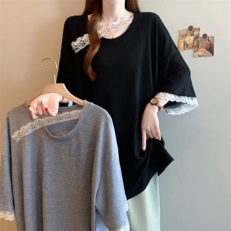 夏季新款胖妹妹显瘦宽松花边T恤短袖上衣女装 服裝批發女裝批發服飾貨源
