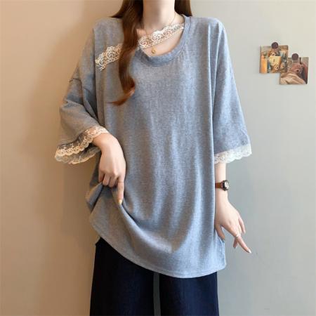 BY12573# 夏季新款胖妹妹显瘦宽松花边T恤短袖上衣女装 服裝批發女裝批發服飾貨源
