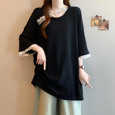 BY12573# 夏季新款胖妹妹显瘦宽松花边T恤短袖上衣女装 服裝批發女裝批發服飾貨源