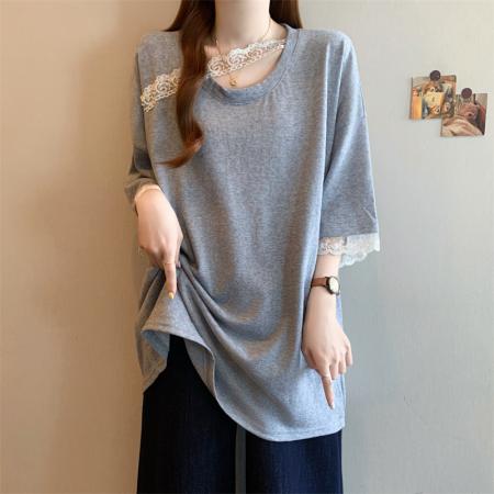 BY12573# 夏季新款胖妹妹显瘦宽松花边T恤短袖上衣女装 服裝批發女裝批發服飾貨源