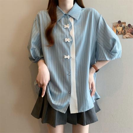 新款韩版宽松条纹短袖开衫衬衣胖妹妹显瘦女装上衣 服裝批發女裝批發服飾貨源